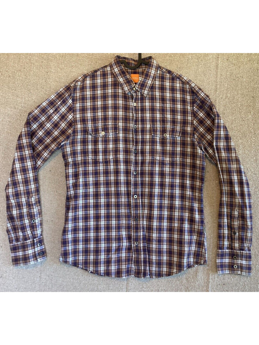 Mens Sz Large HUGO BOSS Gingham Pattern Long Sleeve Multicolor Shirt Slim Fit